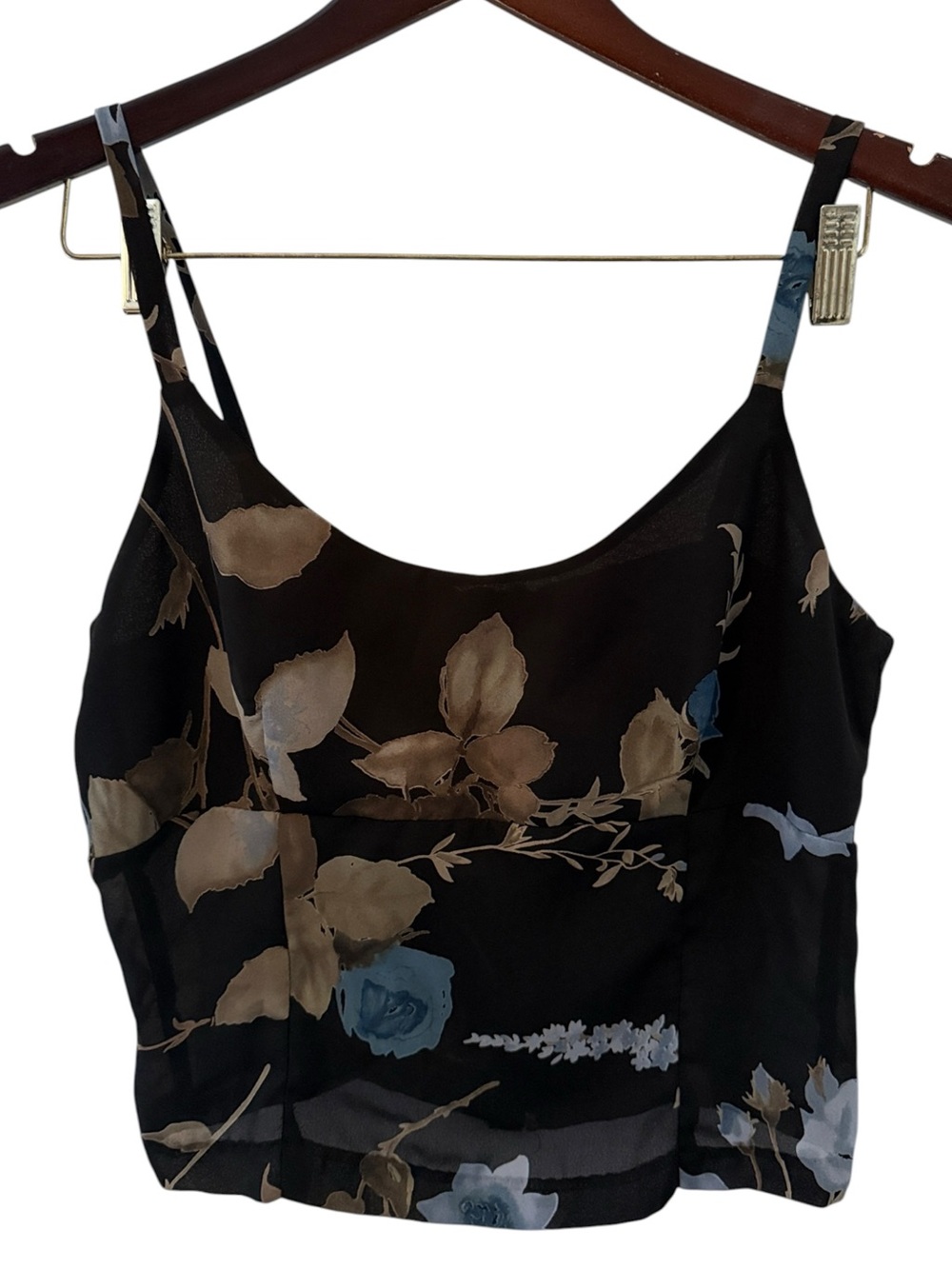 A. Byer Y2K partially sheer Floral Cami Top - Black with Taupe & Blue Flo